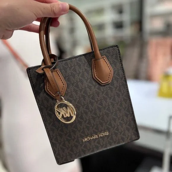 MICHAEL KORS MERCER XS NS SHOPPER CROSSBODY SATCHEL BAG SIGNATURE LOGO MK BROWN - Picture 2 of 8